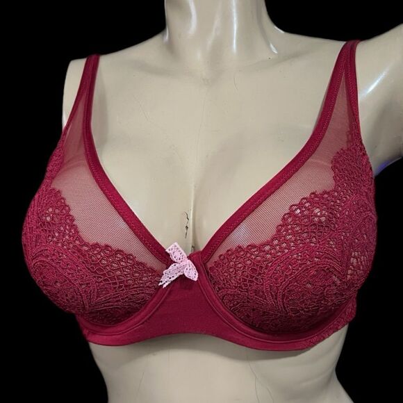 Victorias Secret Body Unlined Demi Crochet Lace / mesh detail bra Ruby Red 32DDD - Picture 6 of 7